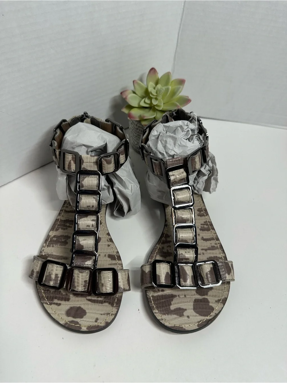 Tory Burch Brown and Beige Patterned Leather Chain-Accent Slide Sandals
